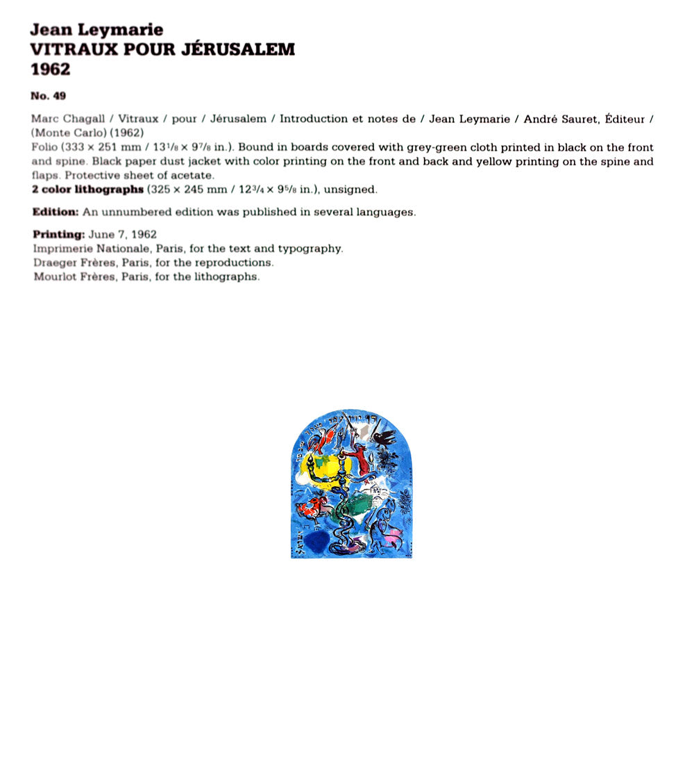 Marc CHAGALL Lithograph LIMITED Edition "Dan" + Cat .Ref.c49 w/Gallery Frame