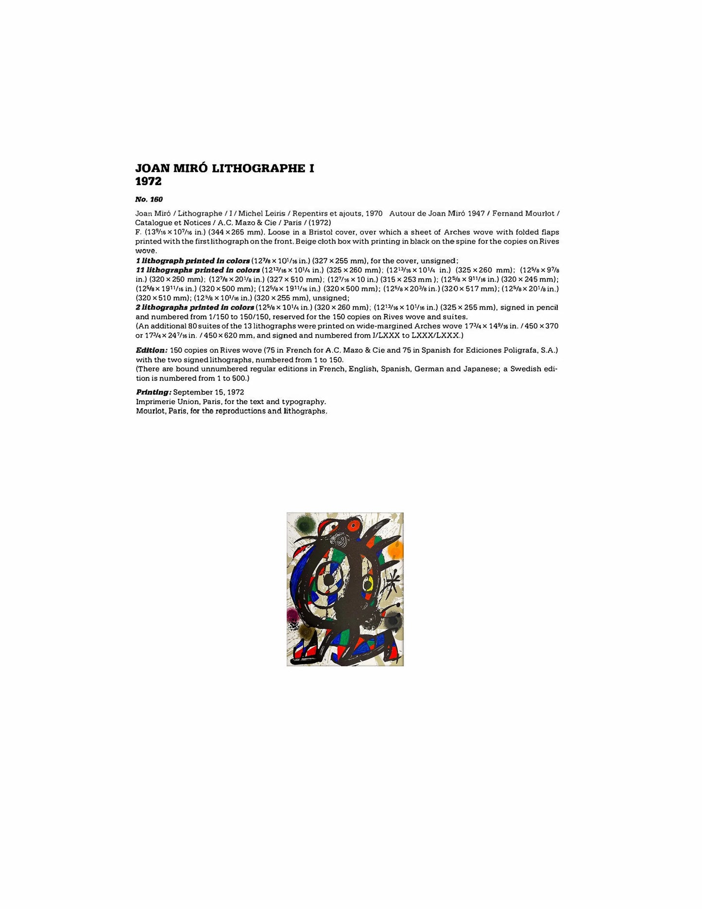 Joan MIRO Lithograph Ltd. Ed. ORIGINAL 1972 + Catalogue Ref: c160 w/frame included