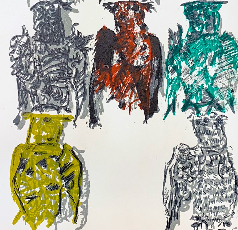 Jean-Paul RIOPELLE Original COLOR Lithograph LIMITED Ed. 1970 (Owls) w/ FRAME