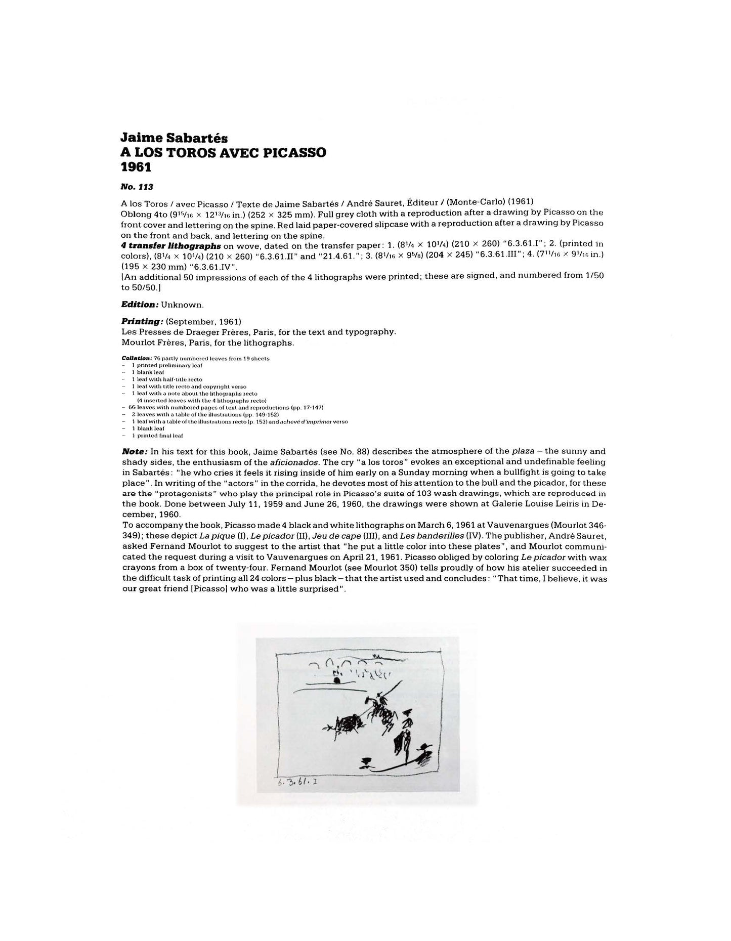 Pablo Picasso Limited Edition Lithograph | 1961 | Dated