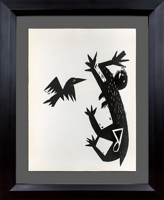 Hap Grieshaber ORIGINAL Woodcut, (Cat and Bird) 1964 w/Archival Frame