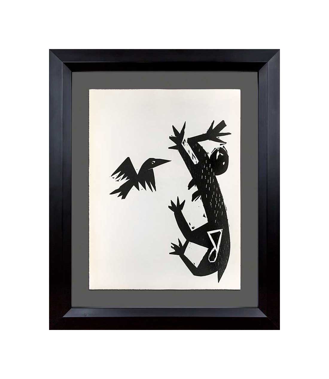 Hap Grieshaber ORIGINAL Woodcut, (Cat and Bird) 1964 w/Archival Frame