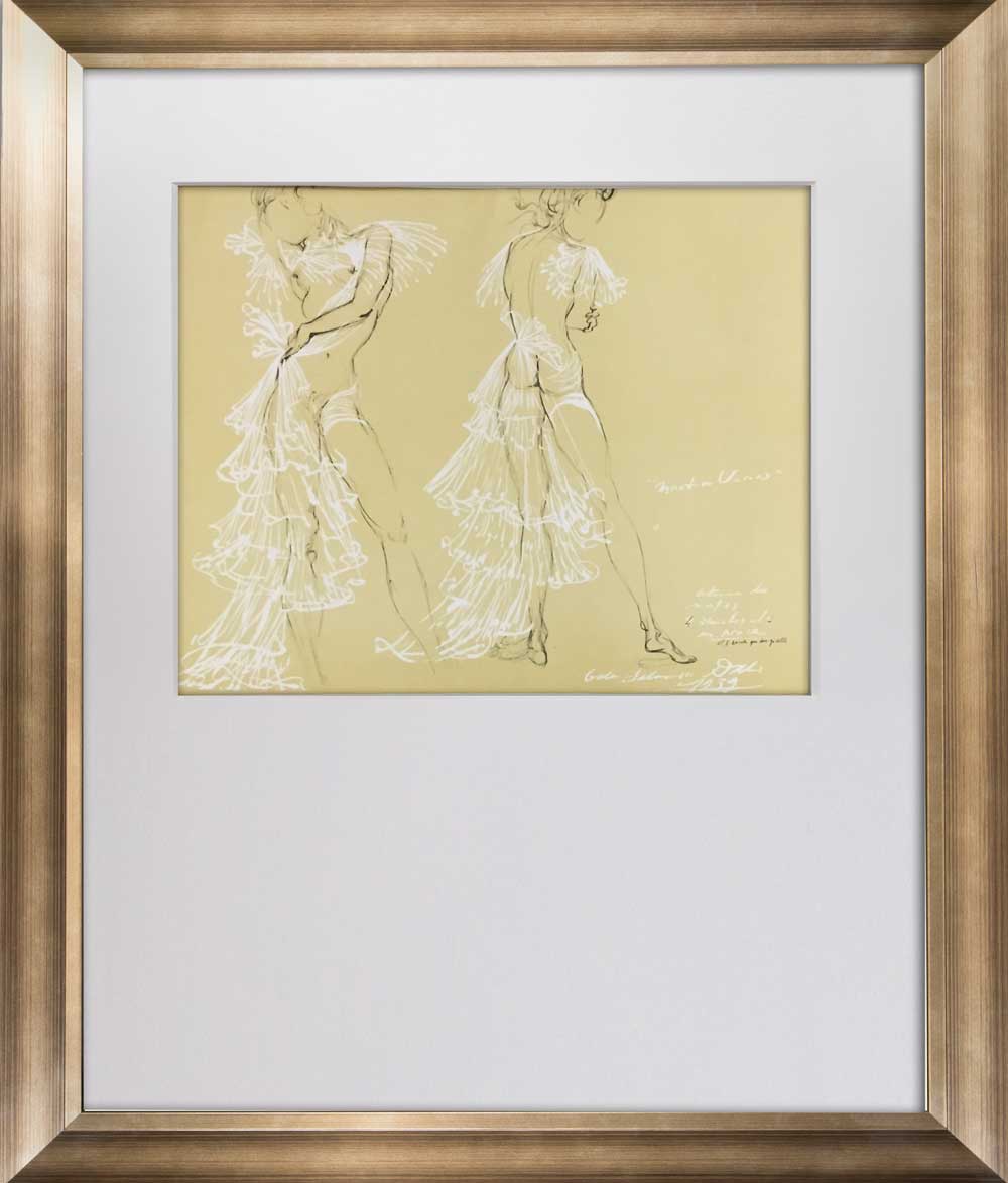 Framed limited edition lithograph of Salvador Dali's 'Gala', depicting an artistic rendering of a woman in a flowing dress.
