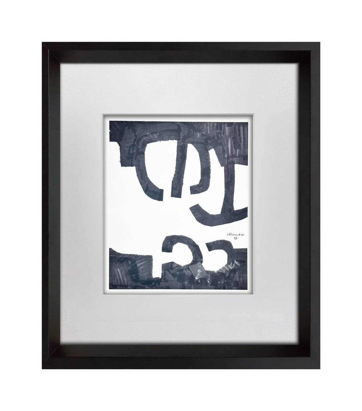 Framed abstract art print featuring dark navy blue calligraphic shapes on a white background, presented in a black frame with a white mat.