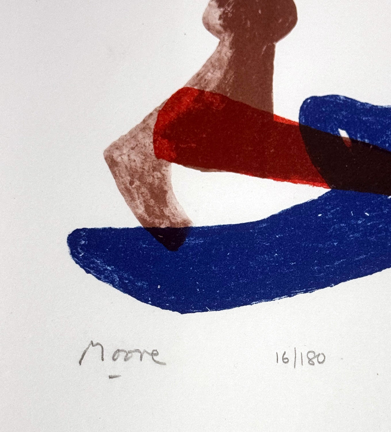 Detail of hand signature by Henry Moore with red, blue, and brown shapes on a white background