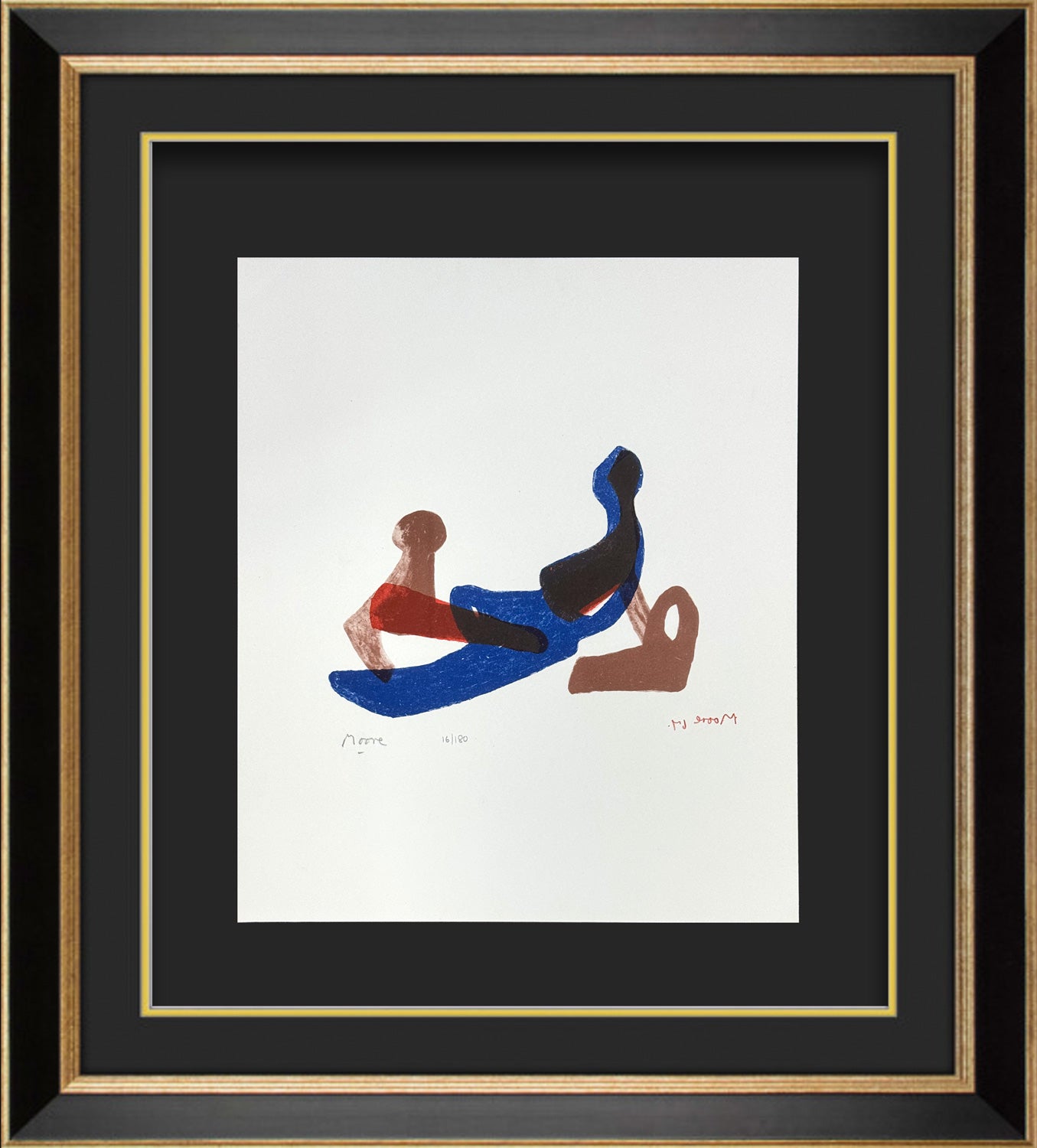 Hand Signed Henry Moore Framed artwork of abstract figures on a white background