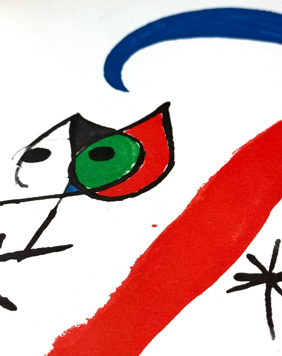 Abstract artwork featuring a stylized eye with a green iris and red outer shape, outlined in black, alongside bold blue and red brushstrokes on a white background.