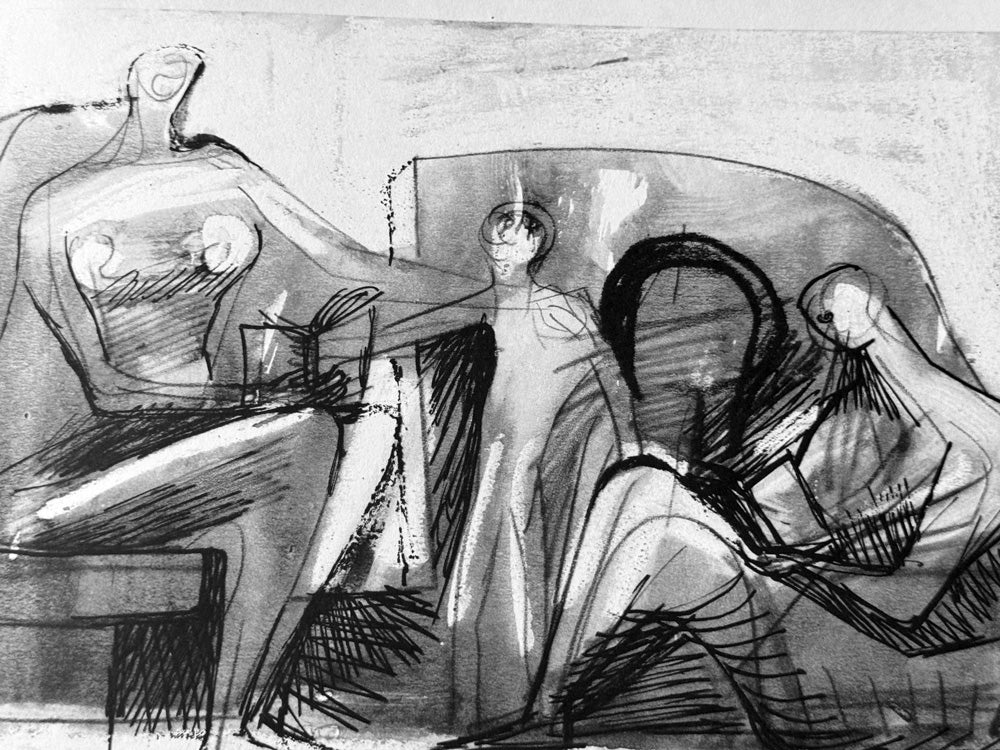 2 Henry MOORE Lithographs STUDY Unesco Group Family, (2pcSET) Limited Edition 1958
