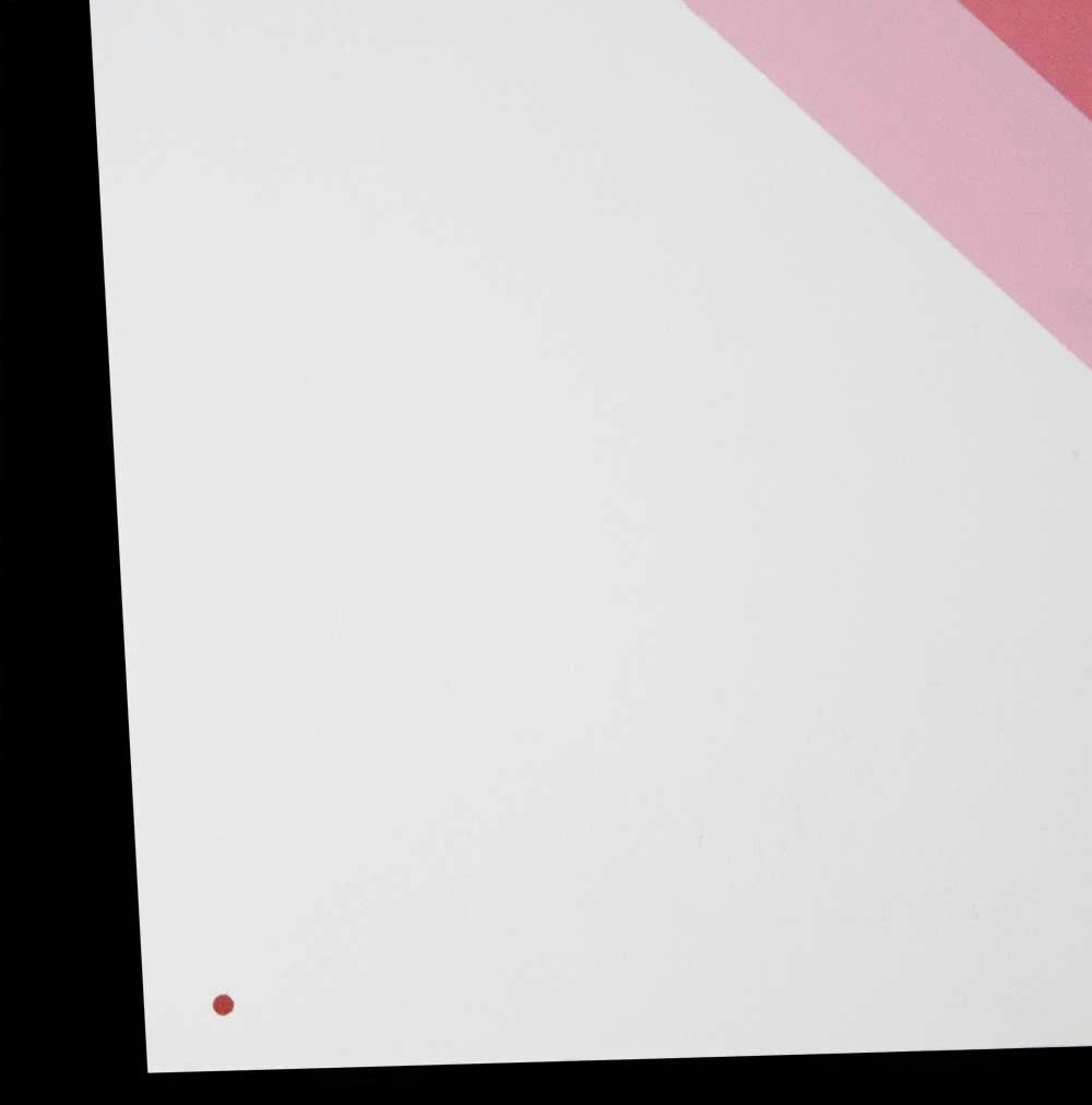 A minimalist abstract art print featuring a large off-white square in the lower-left and center, with a diagonal pink band in the upper-right and a small red dot in the lower-left corner, framed by a black border on the left.
