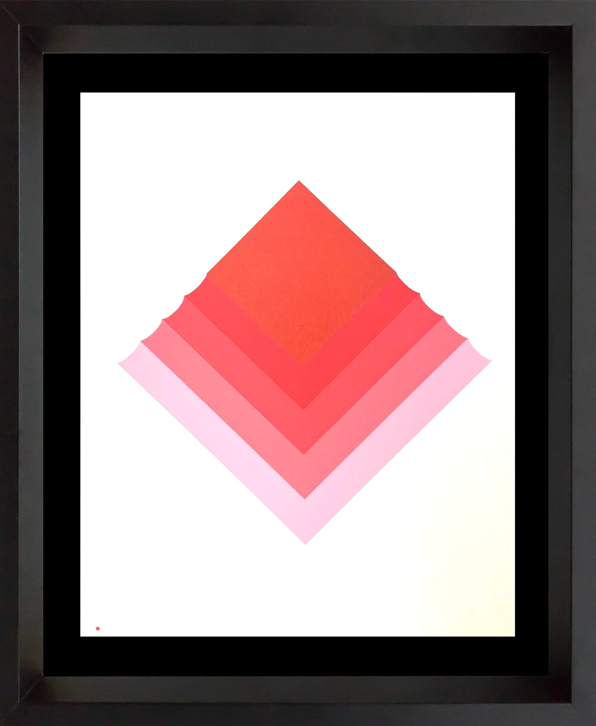 Framed abstract Original Josef Albers print featuring a geometric design of nested diamond shapes in shades of red, pink, and coral on a white background, enclosed in a black frame.