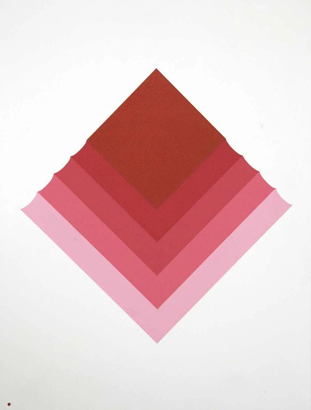 A geometric art print featuring a diamond-shaped chevron pattern of nested stripes in terracotta red, dark pink, medium pink, and light pink on a white background.