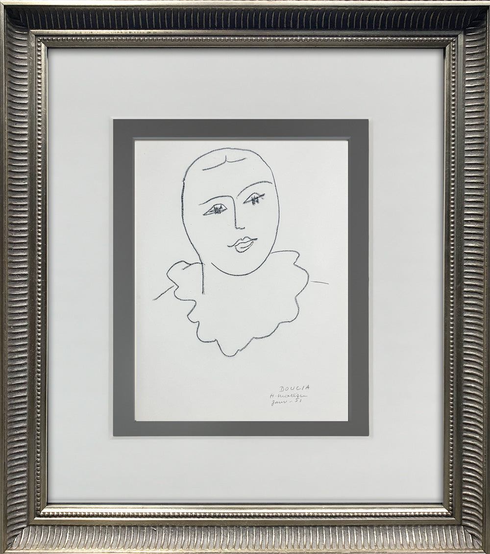 A framed minimalist Matisse line drawing of a face with a ruffled collar, mounted with a white mat and dark gray inner border on a textured silver frame.