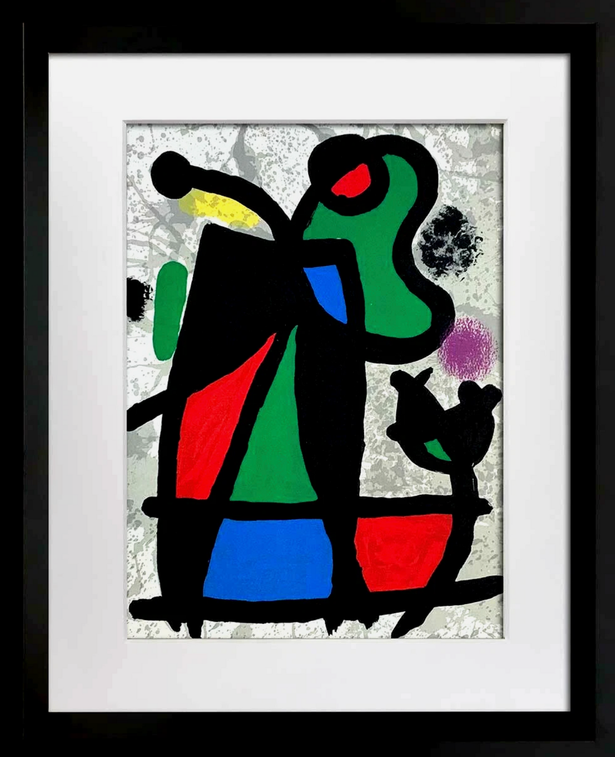 Joan Miró original color lithograph, Cramer 134, featuring vibrant abstract forms in red, blue, green, and black, professionally custom framed with museum-quality matting and black wood frame.