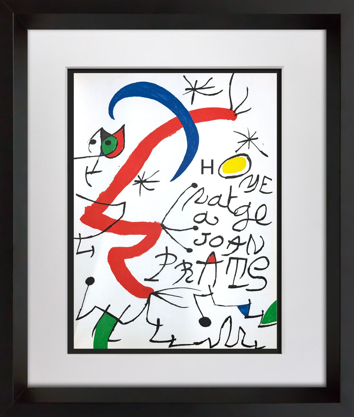 Framed Joan Miro artwork featuring abstract black line drawings and colorful scribbles on a white background, housed in a black frame with a white mat.
