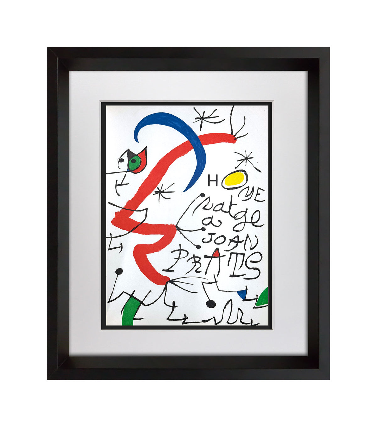 Framed Joan Miro abstract art print featuring bold red and blue curved lines, black handwritten text, and small green and yellow accents on a white background, enclosed in a black frame with a white mat.