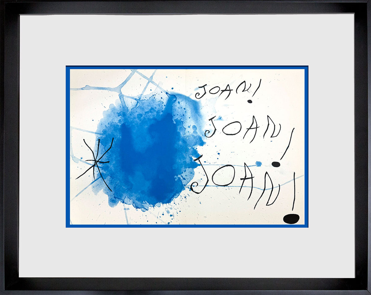 Framed abstract Joan Miro art print featuring a vibrant blue watercolor splash on a white background with black handwritten text and lines, enclosed in a white mat and a black frame.