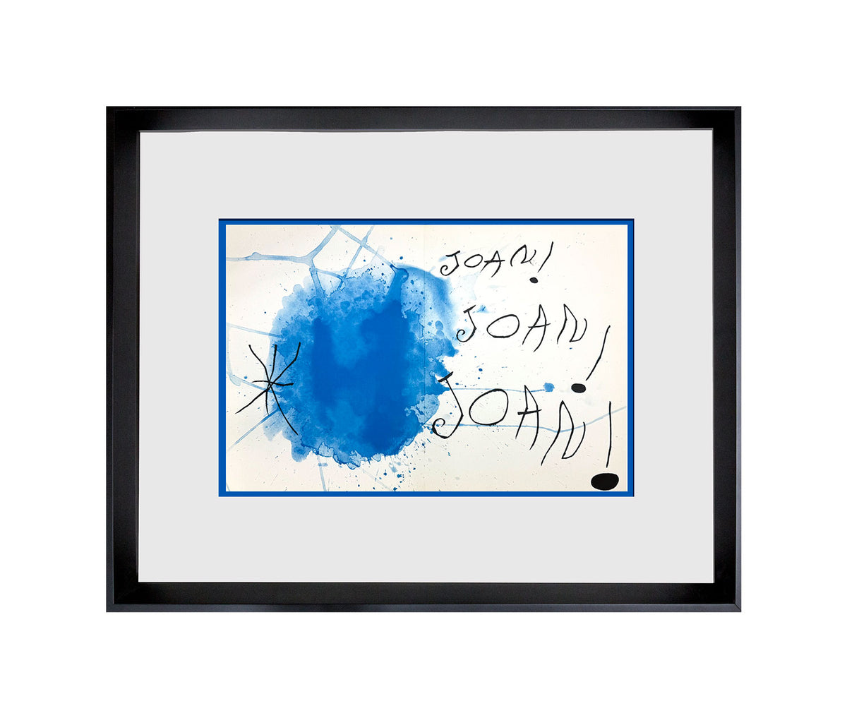 Framed abstract art print featuring a blue watercolor splash on an off-white background with handwritten text and a black frame.