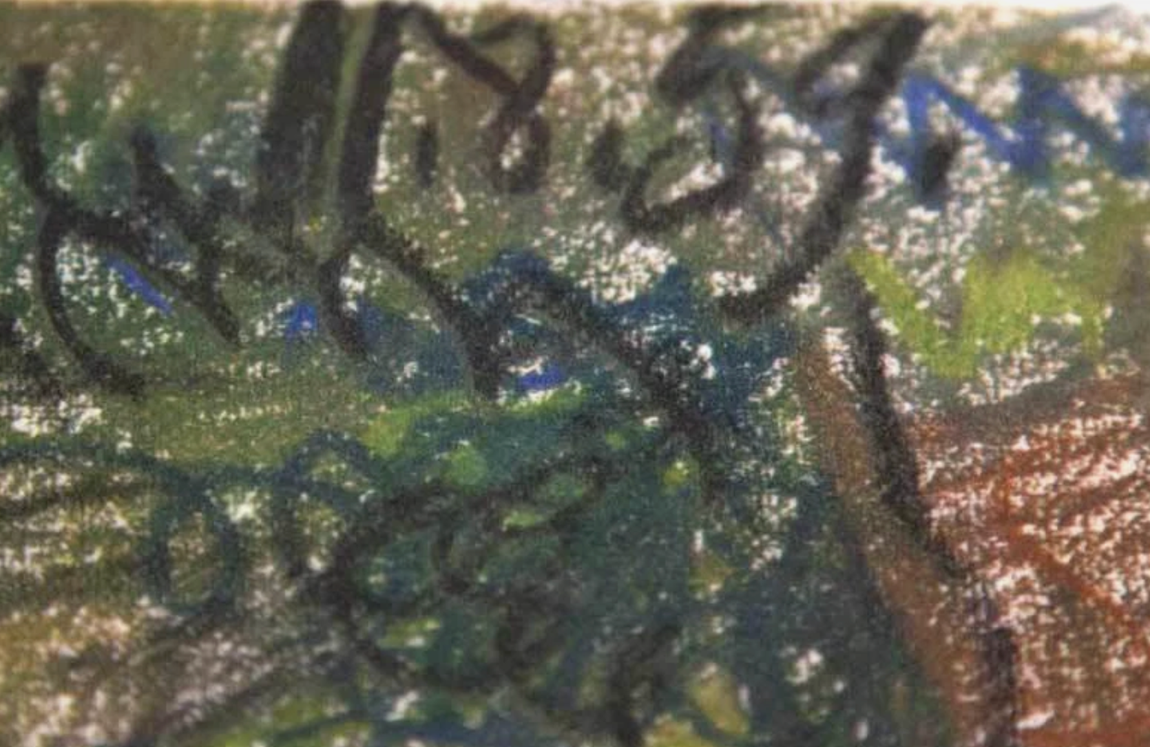 Close-up of a textured surface from a Pablo Picasso Original Lithograph showing green, brown, and blue colors.