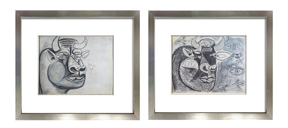 Pablo Picasso Guernica Bull Study Lithographs Limited Edition Set of 2 Custom Framed