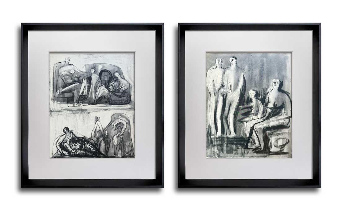 2 Henry MOORE Lithographs STUDY Unesco Group Family, (2pcSET) Limited Edition 1958