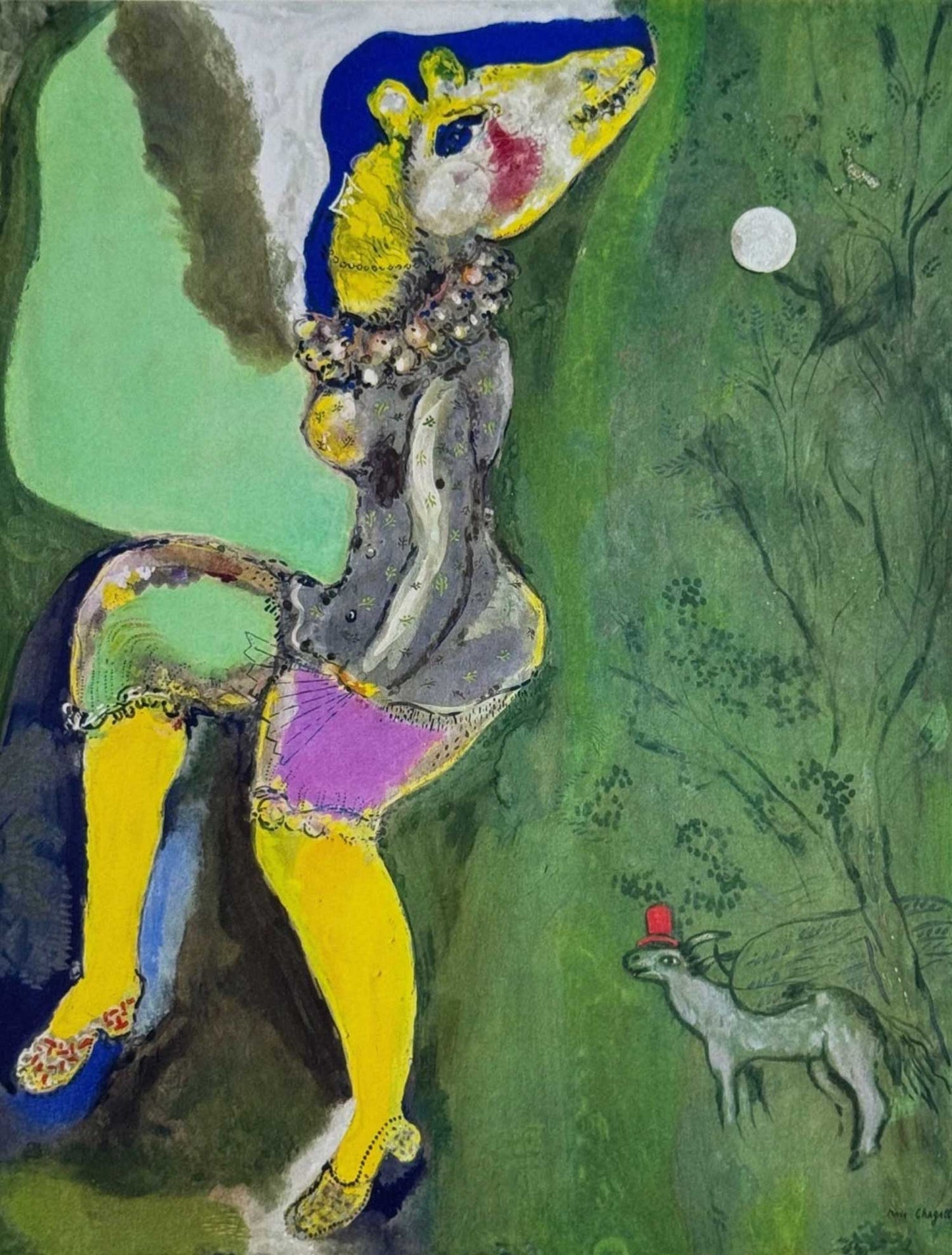 Colorful Marc Chagall Lithograph of a figure with animal-like features on a green background