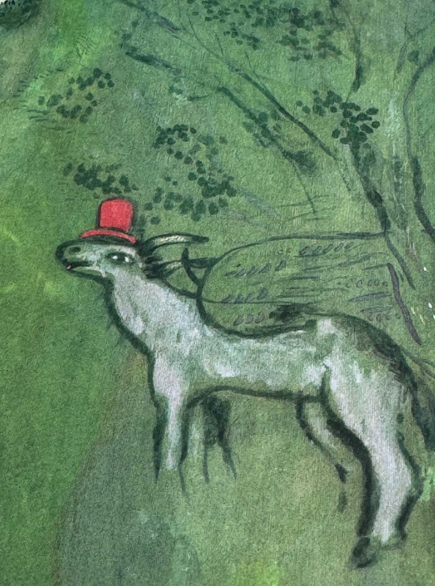 Marc Chagall Lithograph detail  image of a deer with a red hat on a green background