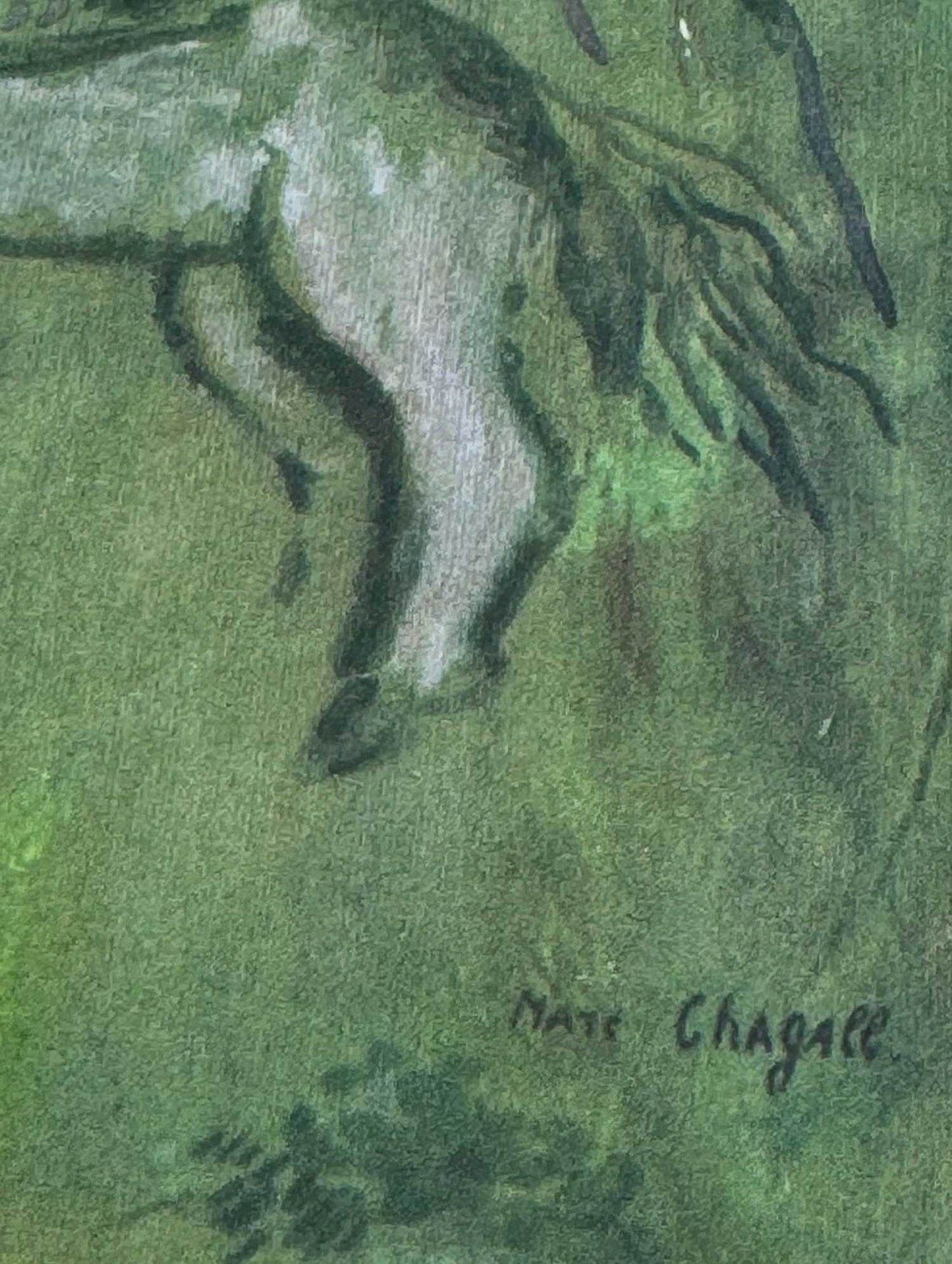 Artistic depiction of a horse with 'Marc Chagall' signature on a green background