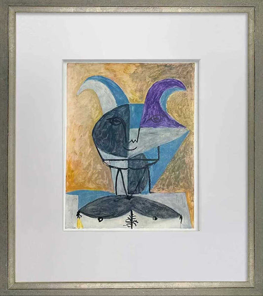 Framed abstract Pablo Picasso artwork with a stylized figure and curved shapes on a white background
