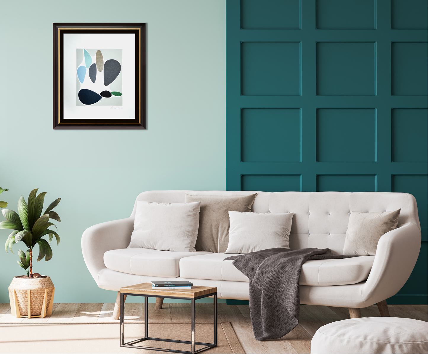 Victor Vasarely signed lithograph framed on teal wall above neutral sofa in modern living room with plants and minimalist decor
