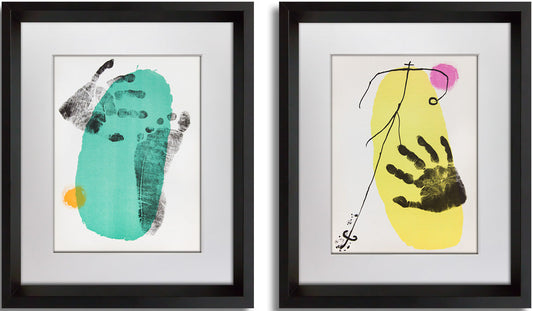 Two framed abstract Joan Miro art pieces with colorful designs on a white background