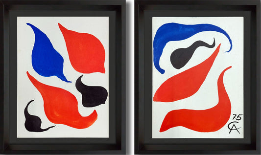 Two Alexander Calder abstract artworks with red, blue, and black shapes in black frames on a white background.