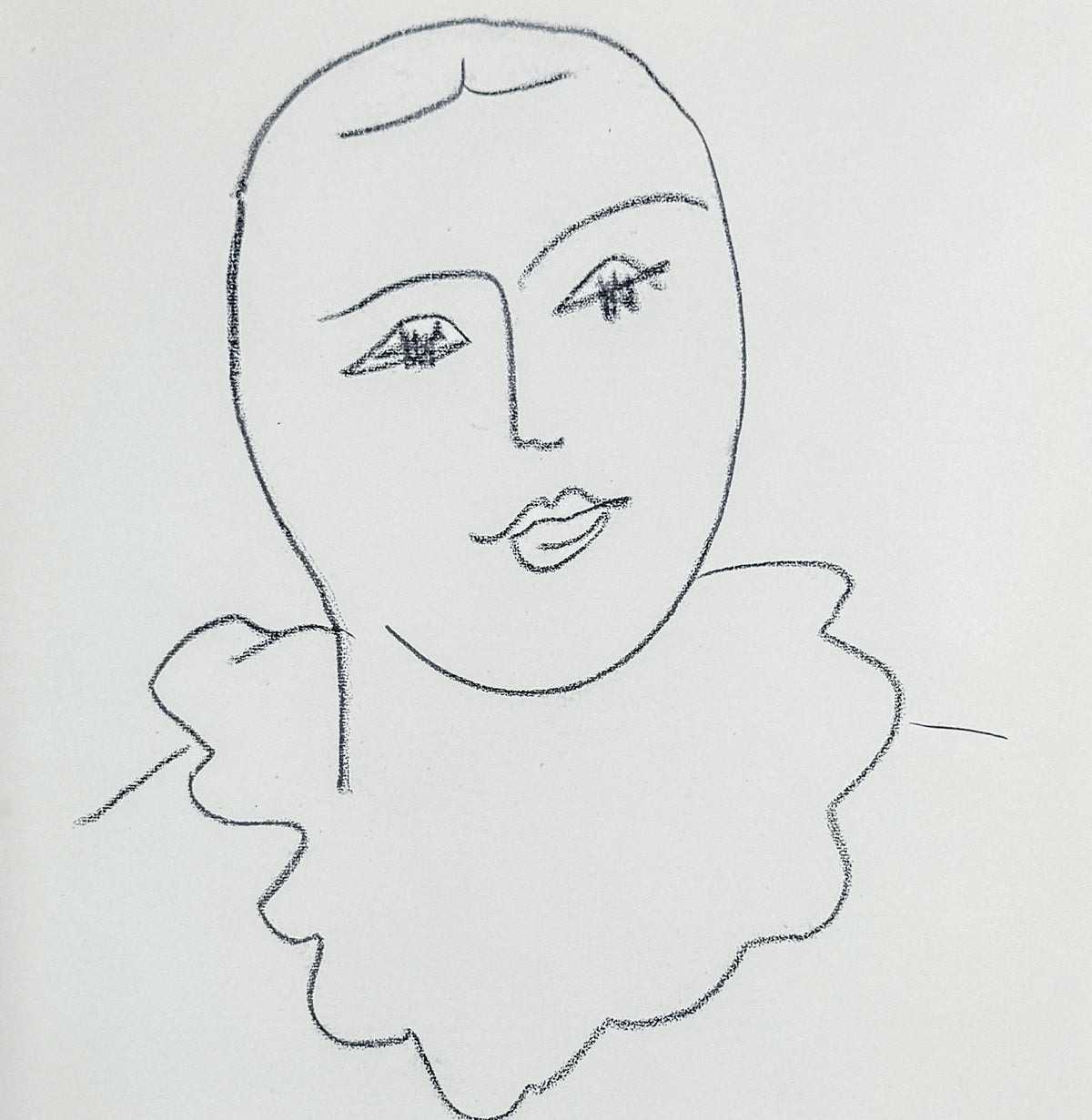 A minimalist Matisse black line drawing of a face with closed eyes and a ruffled collar, rendered on a plain white background.