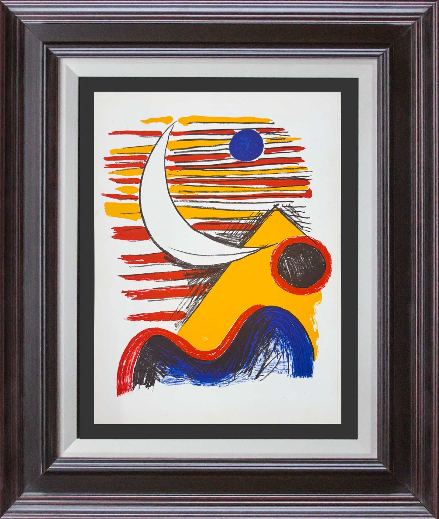 Alexander Calder Lithograph framed abstract artwork with colorful shapes on a white background