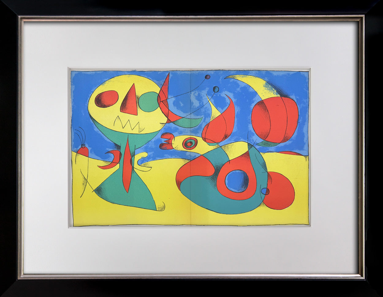 Framed abstract Joan Miro whimsical artwork with colorful geometric shapes on a blue background