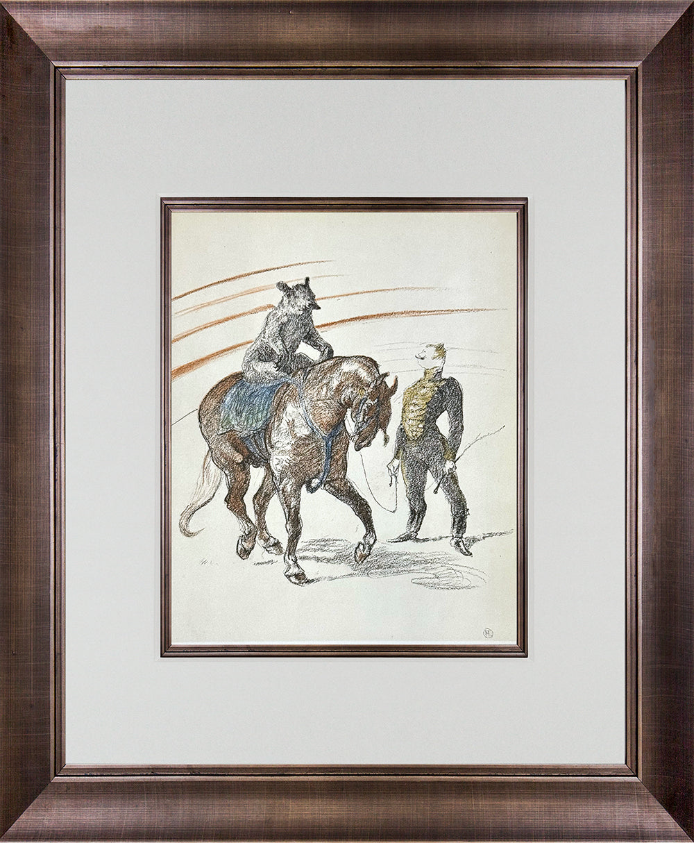 Framed vintage-style Toulouse-Lautrec print showing a horse with a rider and another figure, set within a wide white mat and a dark brown wood frame.