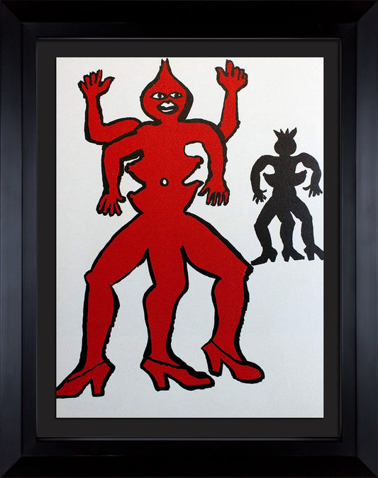 Colorful abstract Alexander Calder lithograph of a red and black figure on a white background from 1975 displayed in black gallery frame.