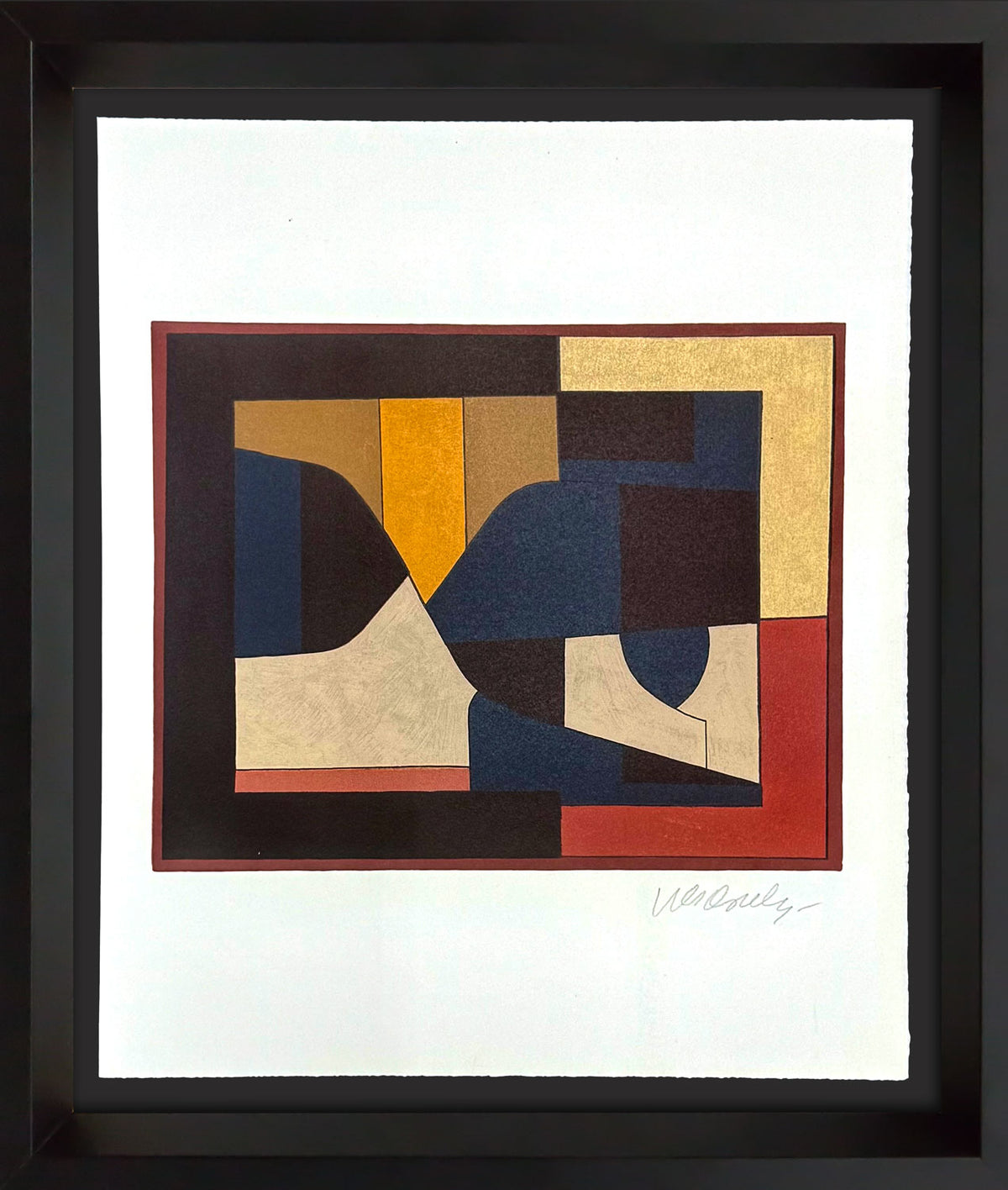 Framed abstract geometric Vasarely Hand signed art print featuring a modern composition of overlapping color blocks in navy, mustard yellow, beige, red, and black, set against a white mat and enclosed in a black frame.