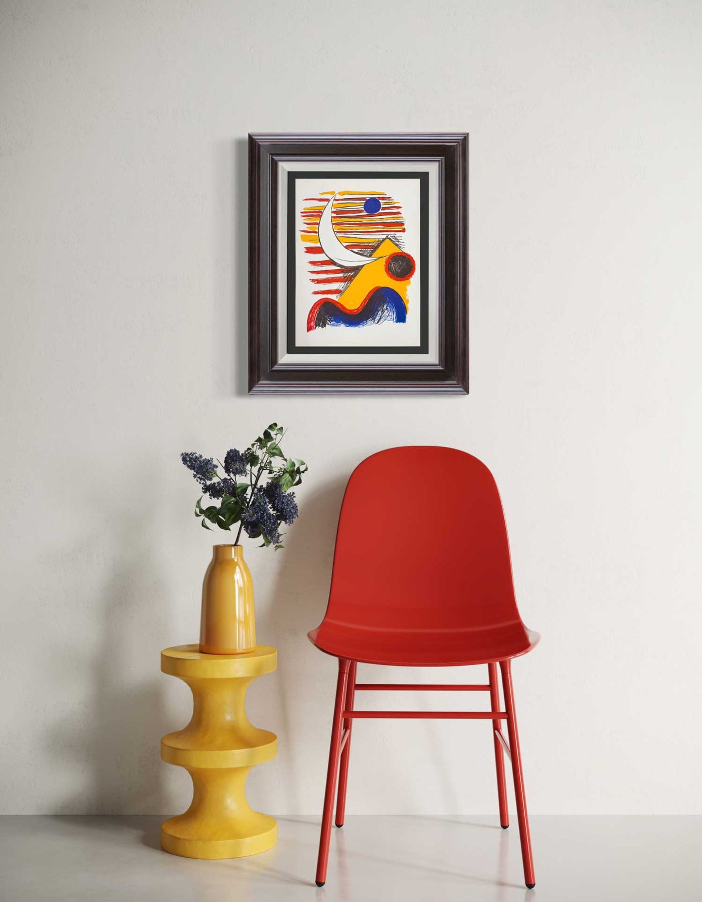 Alexander Calder lithograph colorful abstract painting on wall above red chair and yellow side table with flowers