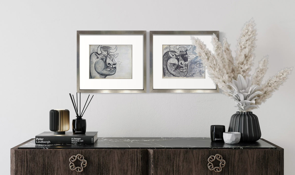 Pablo Picasso Guernica Bull Study Lithographs Limited Edition Set of 2 Custom Framed