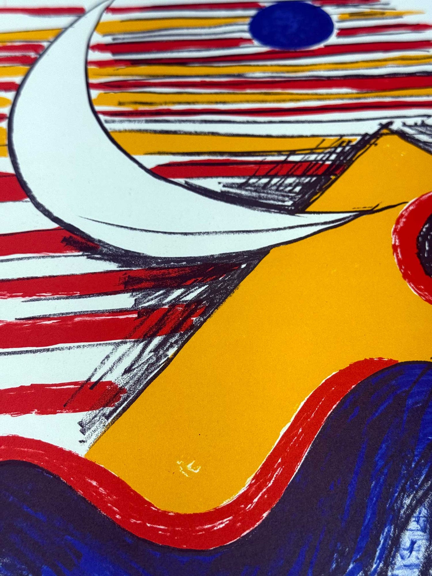 Calder Lithograph abstract artwork detail with wavy lines and geometric shapes in red, yellow, blue, and white.