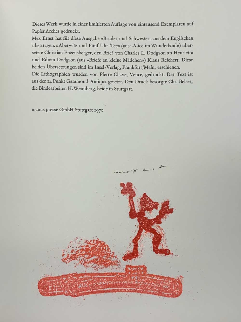 Max ERNST Lithograph ORIGINAL Limited Ed. 1970 on Arches w/Archival Frame