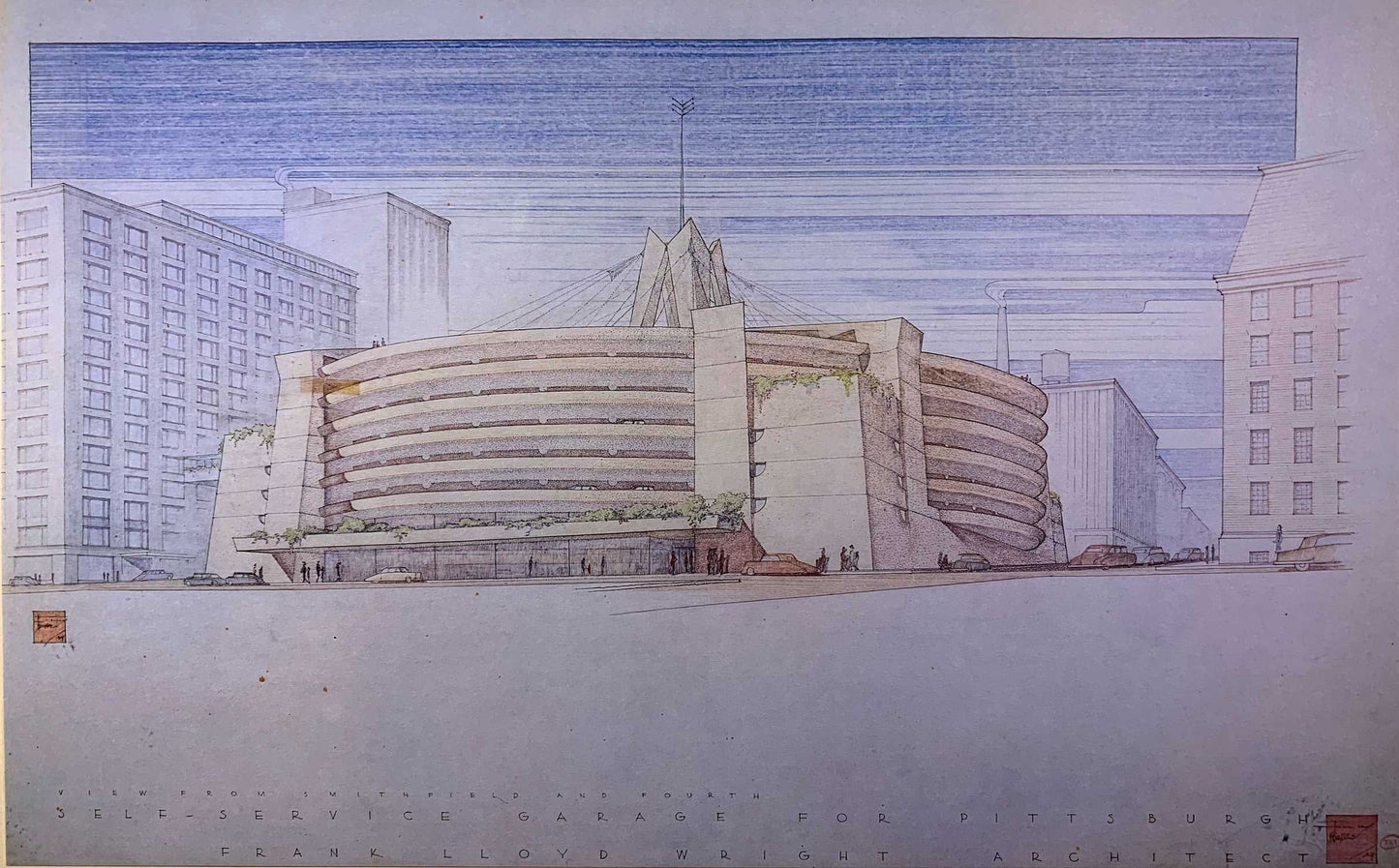 Frank Lloyd WRIGHT Lithograph SIGNED "Edgar J. Kaufmann Garage" Pa w/FRAME