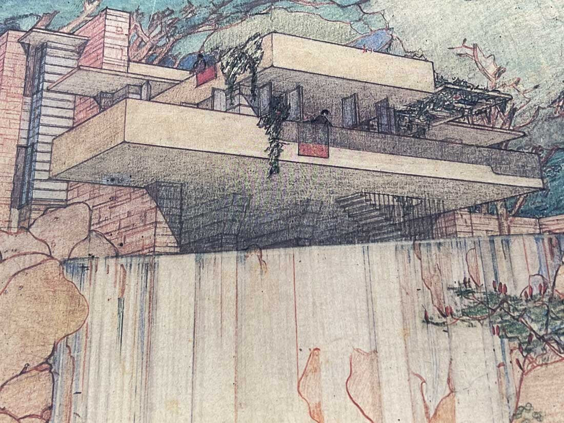 Frank Lloyd WRIGHT Lithograph "FALLING WATER" Limited Edition +Custom FRAME