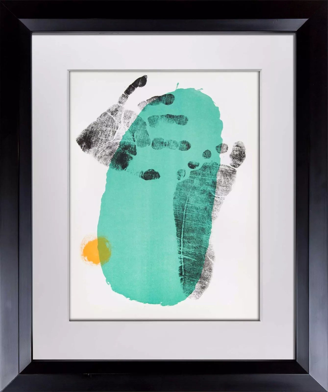 Original 1956 Joan Miro color lithograph featuring hand and foot print over Green oval and yellow dot, limited edition, custom framed.
