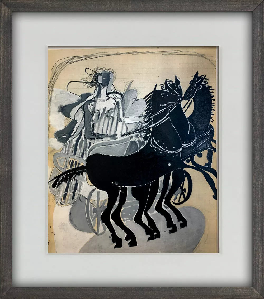 Framed Georges Braque lithograph from 1955 depicting a horse and rider, Mourlot Press