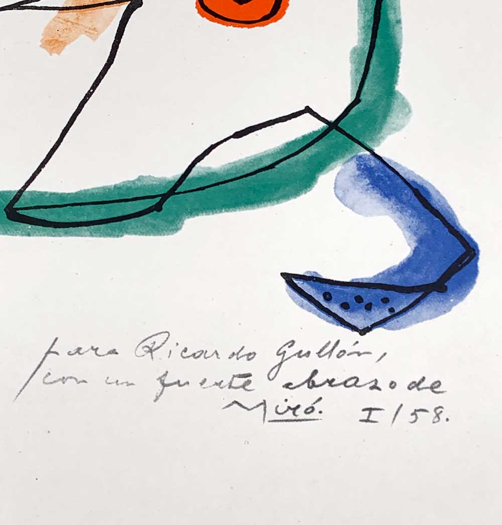 Joan MIRO Original Lithograph SIGNED & Inscribed "Ricardo Gullon" w/Cat.Ref c56