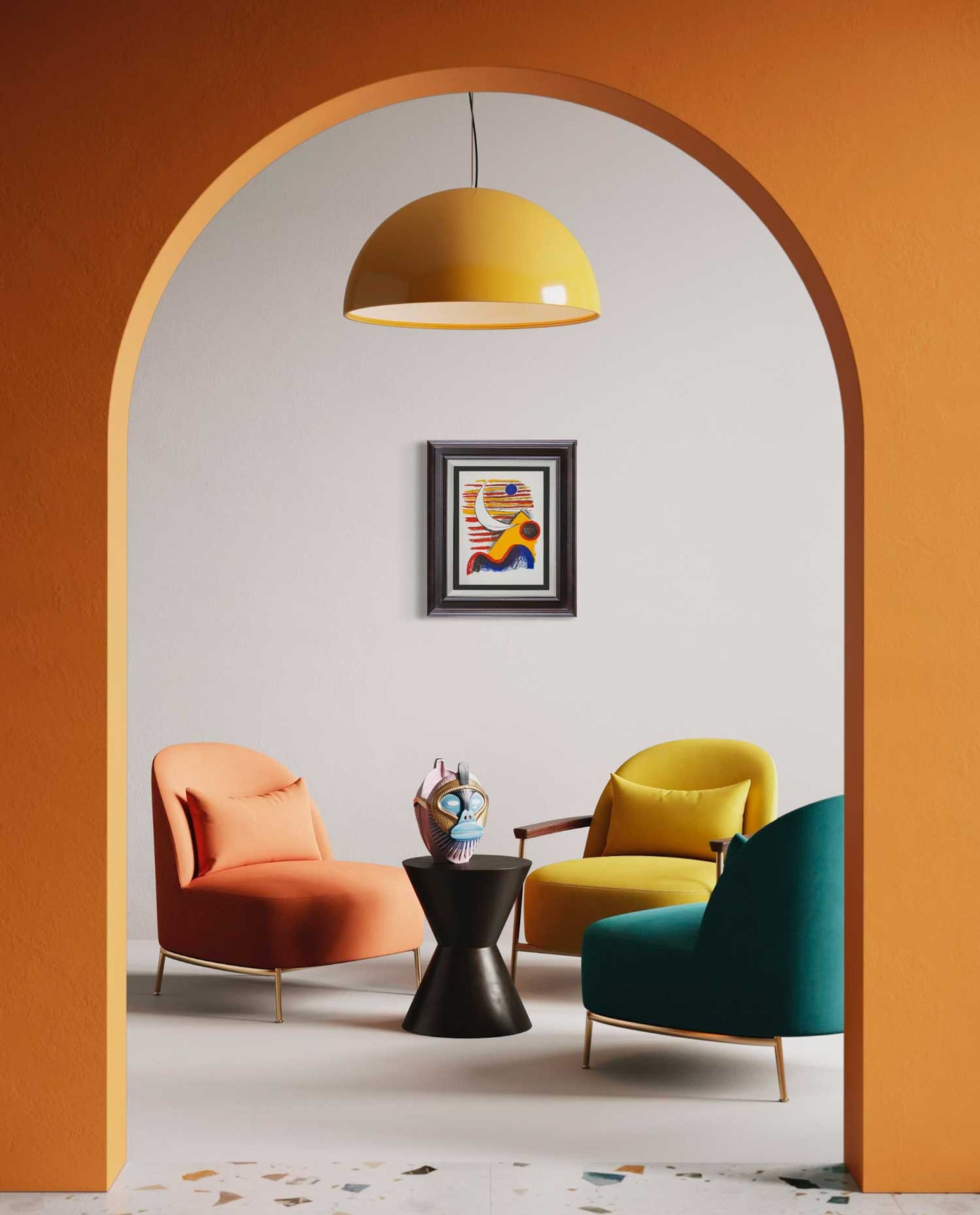 Alexander Calder lithograph abstract artwork displayed in modern living room with colorful chairs and yellow pendant light